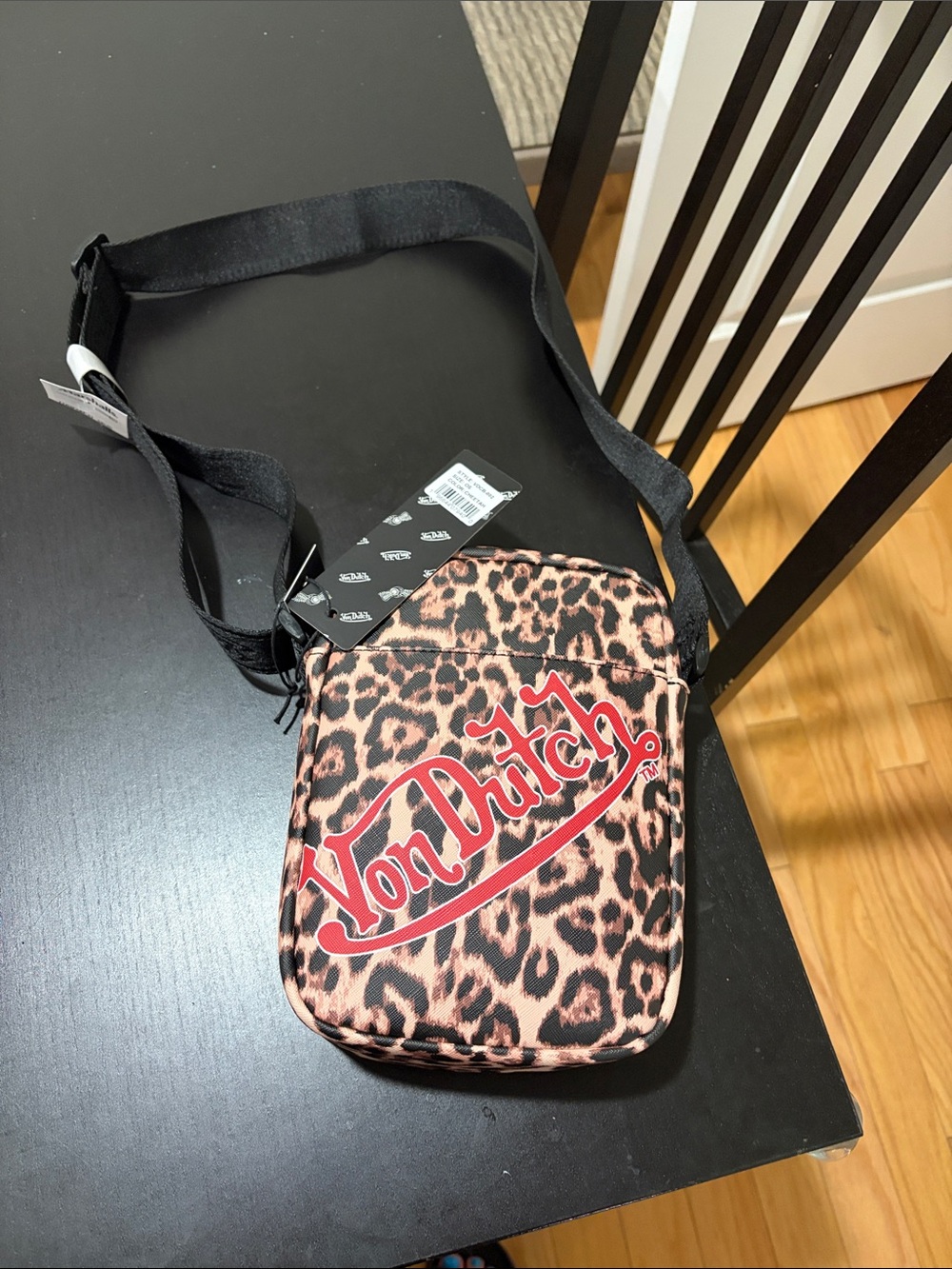 Von Dutch Leopard Crossbody Bag in Brown and Black with Red Logo Brand New!